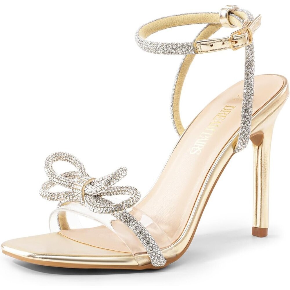 🆕 Women Gold Double Bowknots Crystal Sandals Clear Slingback Square Toe Heels